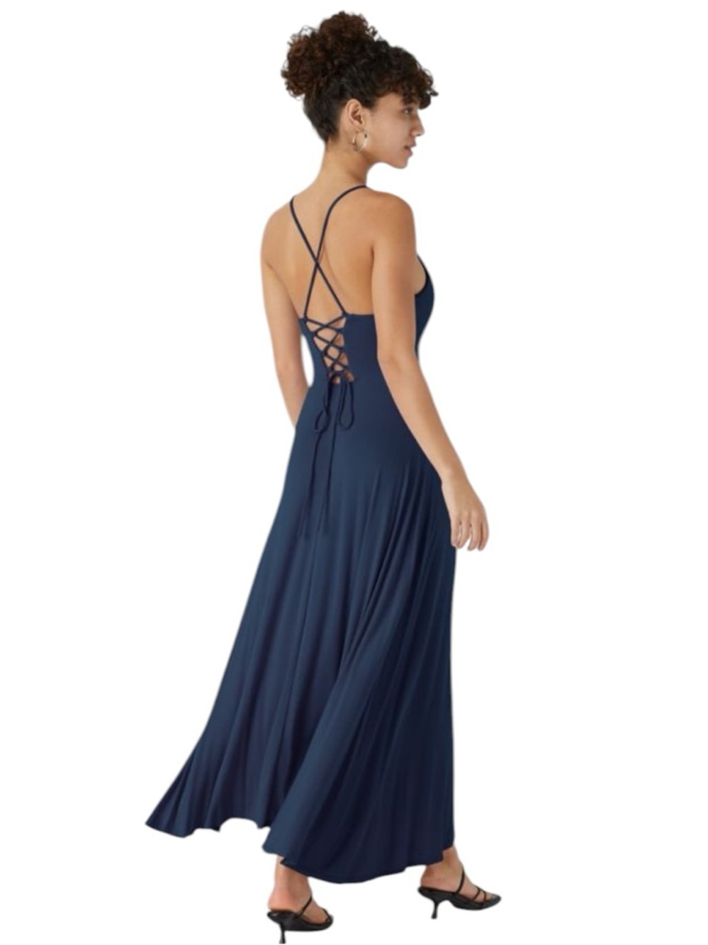 Halara Ribbed Cowl Neck Lace Up Maxi Dress in Nightfall Blue Size Medium - Picture 2 of 12